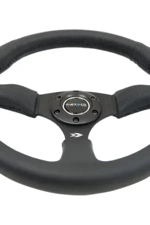 Same Day Shipping NRG Reinforced Steering Wheel (350mm / 2.5in. Deep) Blk Leather Comfort Grip w/5mm Matte Blk Spokes