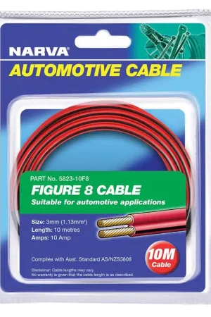 Price Drop Narva 10A 3mm Twin Core Fig 8 Cable (10M) Red With Black Tracer 5823-10F8