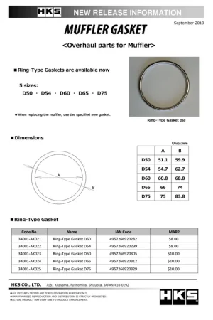 HKS Muffler Gasket 66mm ID 74mm OD Final Sale